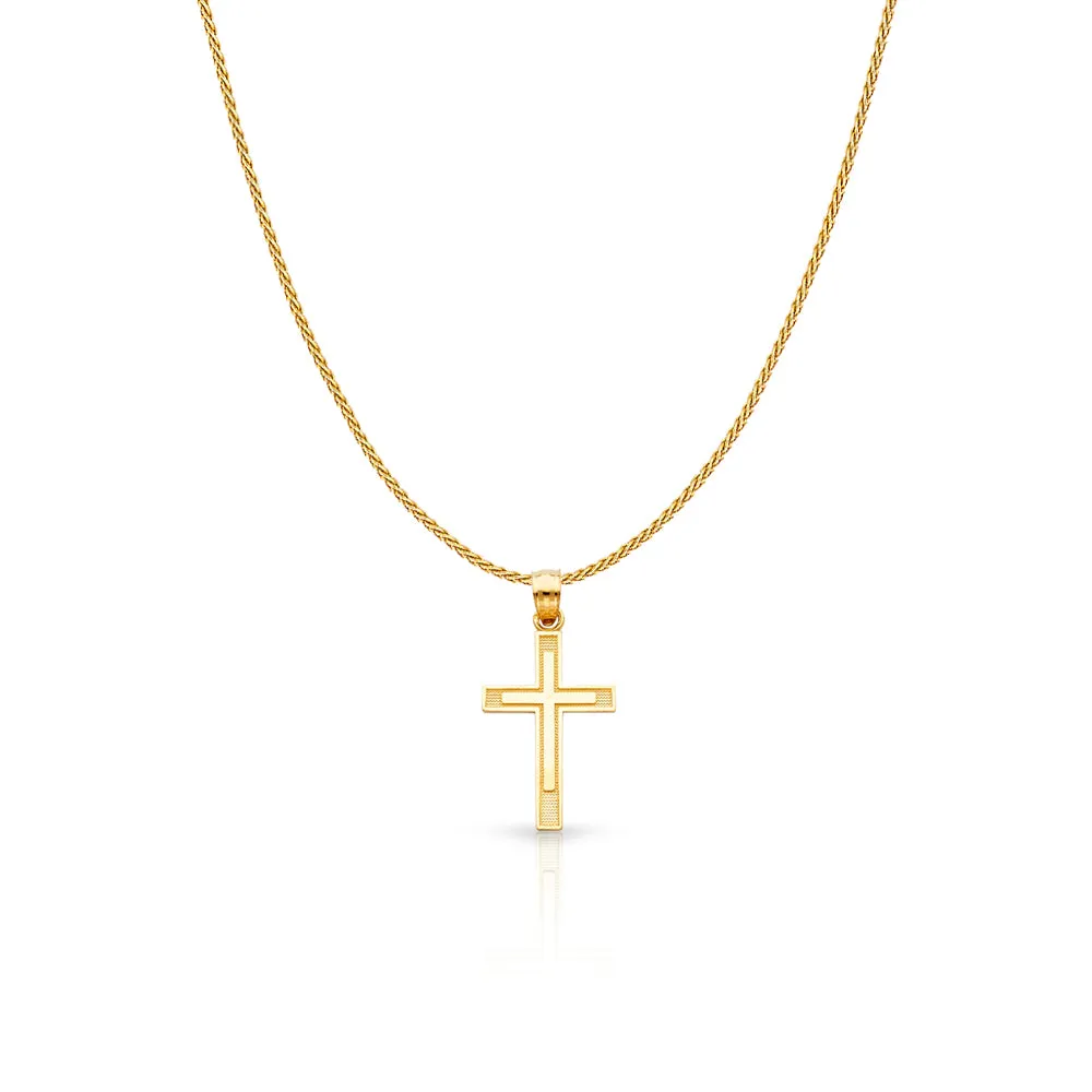 14K Gold Cross Charm Pendant with 0.9mm Wheat Chain Necklace