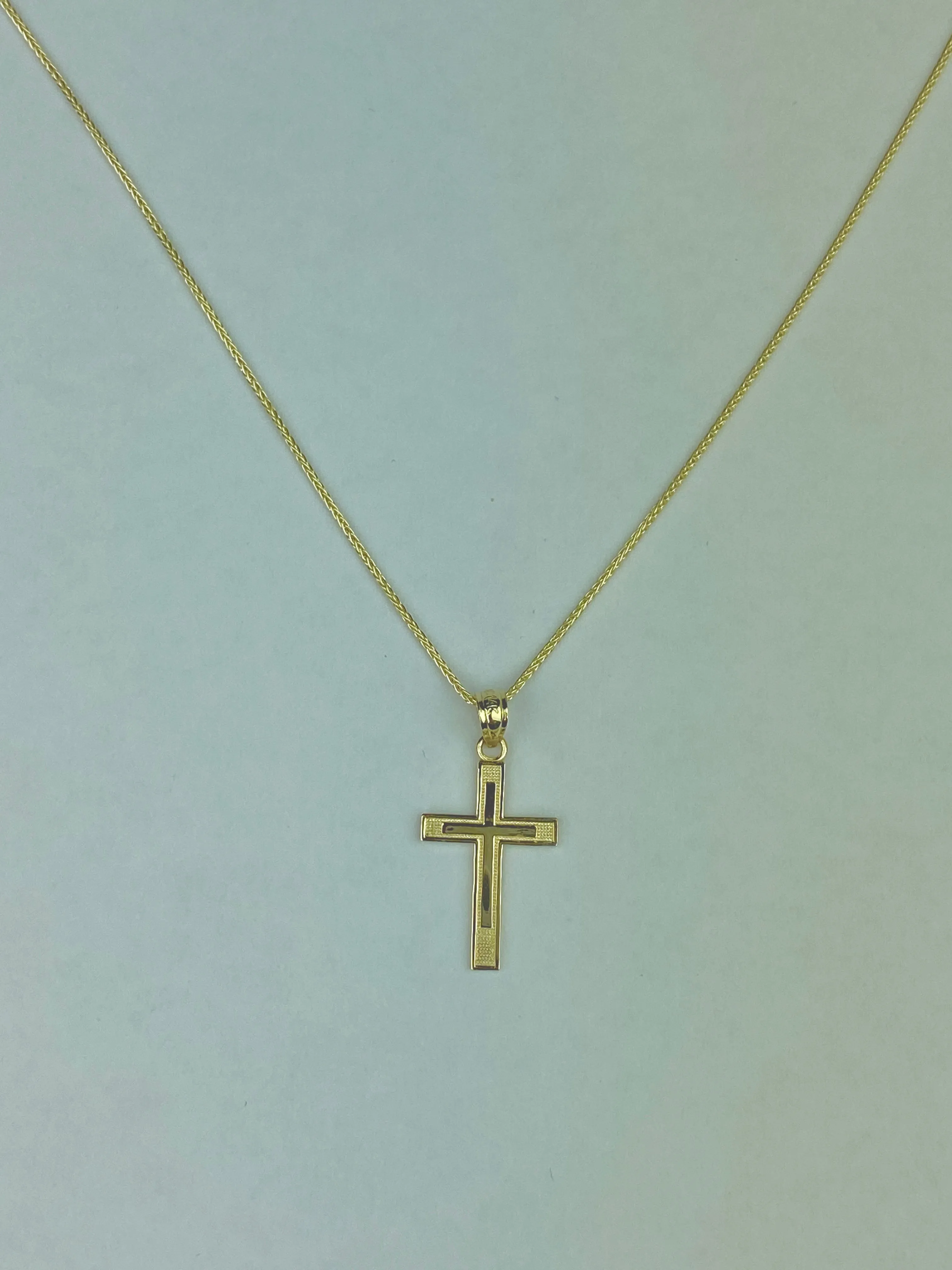 14K Gold Cross Charm Pendant with 0.9mm Wheat Chain Necklace