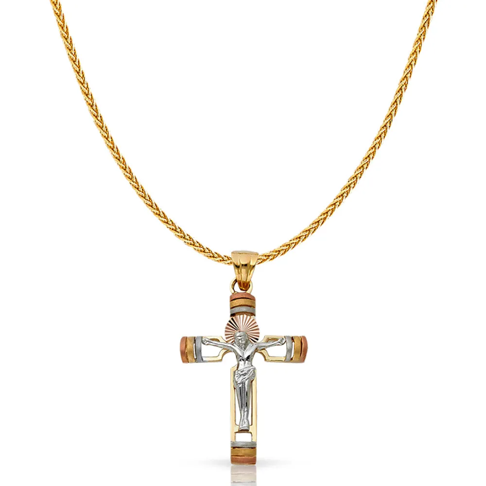 14K Gold Crucifix Charm Pendant with 1.1mm Wheat Chain Necklace