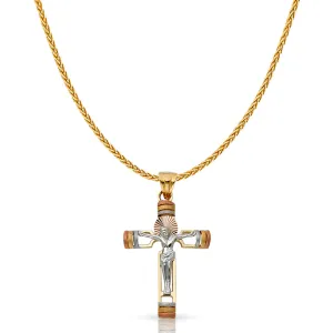 14K Gold Crucifix Charm Pendant with 1.1mm Wheat Chain Necklace