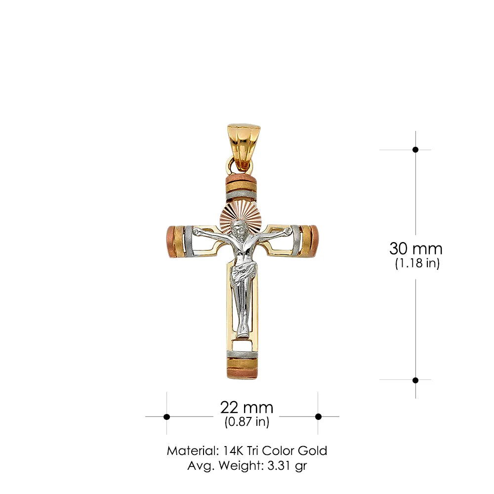 14K Gold Crucifix Charm Pendant with 1.1mm Wheat Chain Necklace