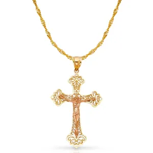 14K Gold Crucifix Charm Pendant with 1.8mm Singapore Chain Necklace