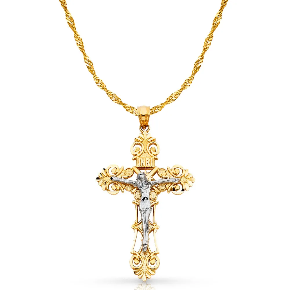 14K Gold Crucifix Charm Pendant with 1.8mm Singapore Chain Necklace