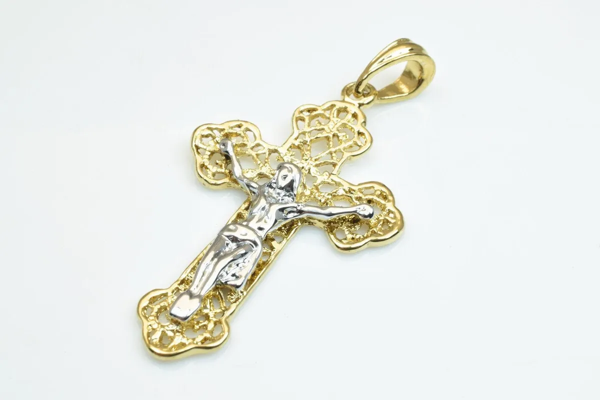 18KGF as Gold Filled* Cross with White as Gold Filled* Jesus Size 50x31mm Christian Cross Pendant For Jewelry Making Item# GP71