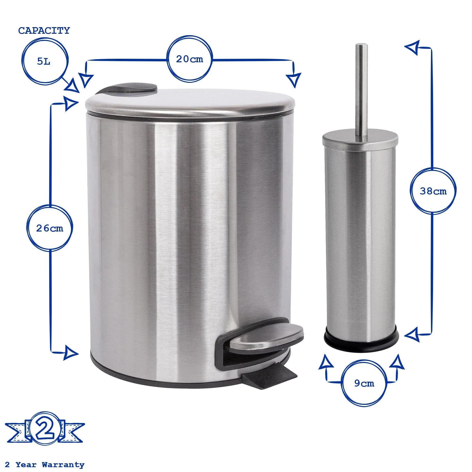 2pc 5L Round Stainless Steel Pedal Bin & Toilet Brush Set - By Harbour Housewares