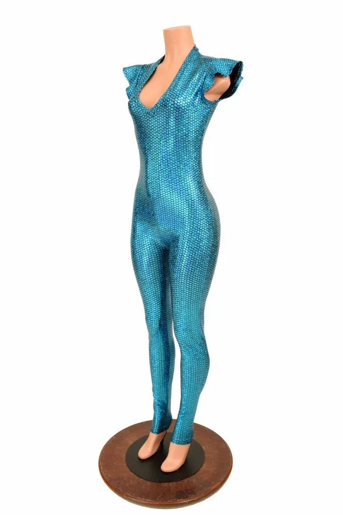 Aquamarine Flip Sleeve V Neck Catsuit