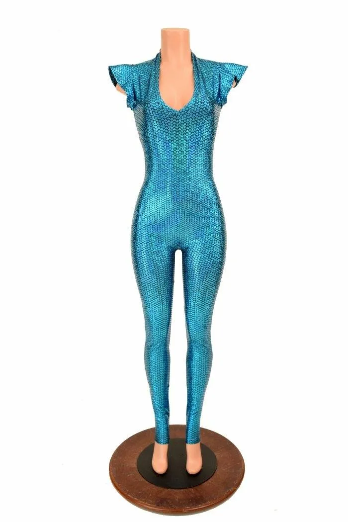 Aquamarine Flip Sleeve V Neck Catsuit