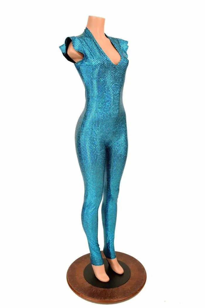 Aquamarine Flip Sleeve V Neck Catsuit