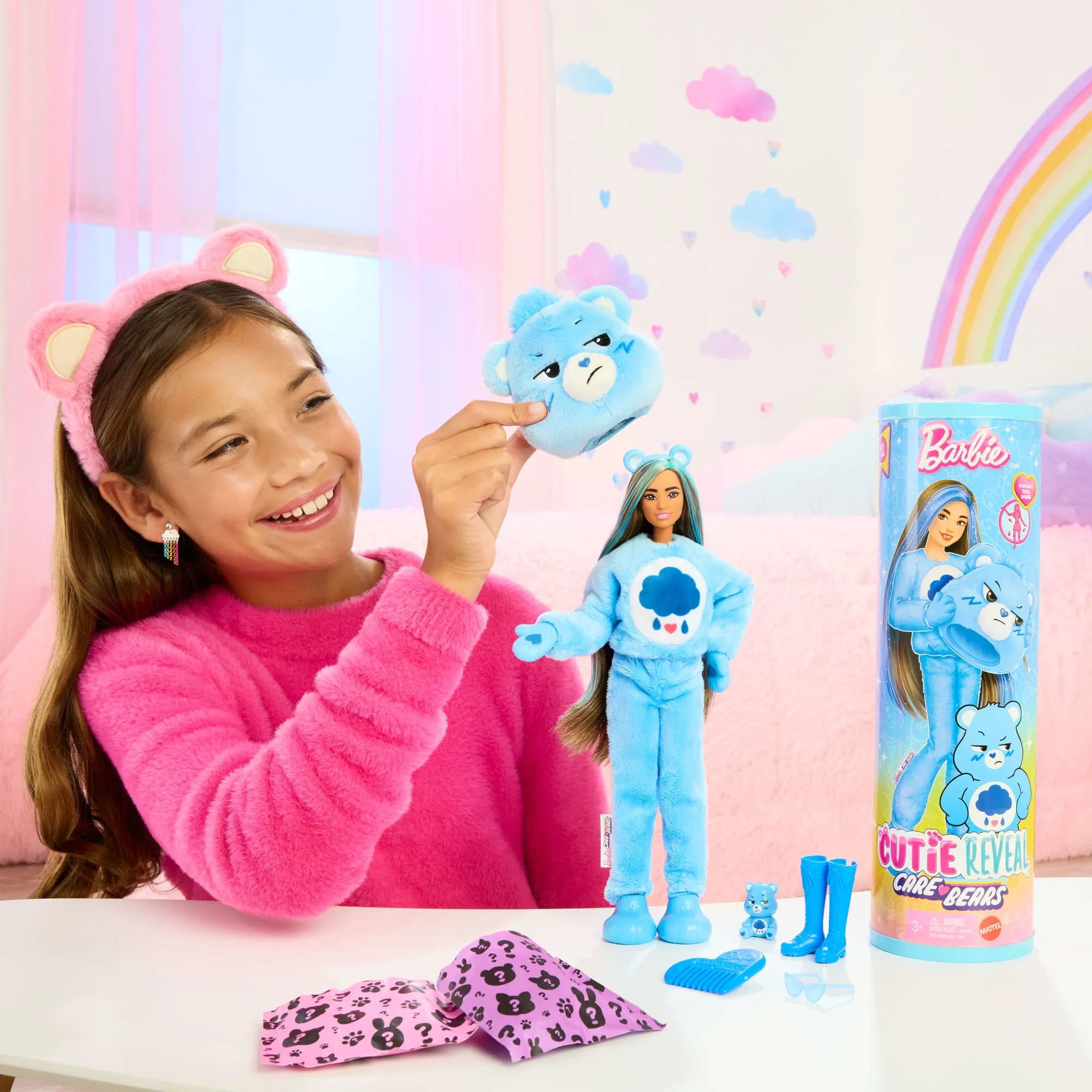 Barbie Cutie Reveal Care Bears Series Doll & Accessories in Grumpy Bear Plush Costume, 10 Surprises