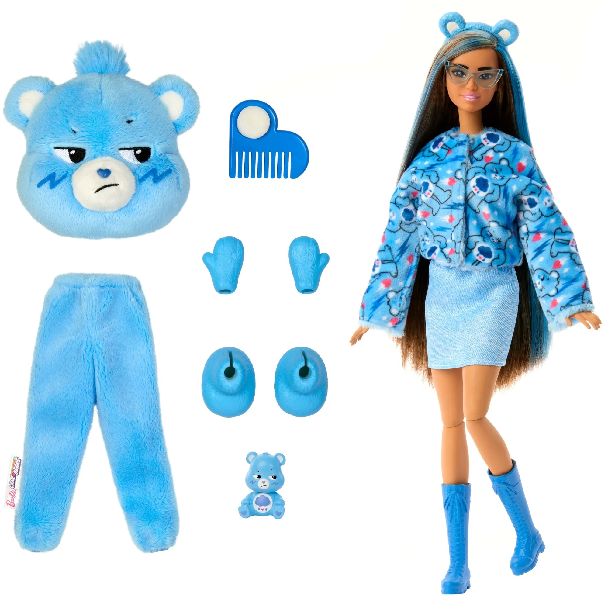 Barbie Cutie Reveal Care Bears Series Doll & Accessories in Grumpy Bear Plush Costume, 10 Surprises