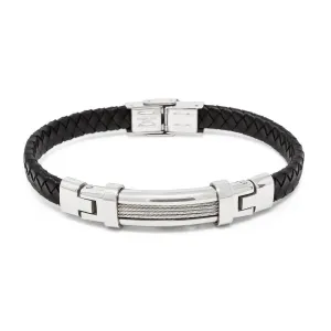 Black Leather Stainless Steel Cable Station Bracelet