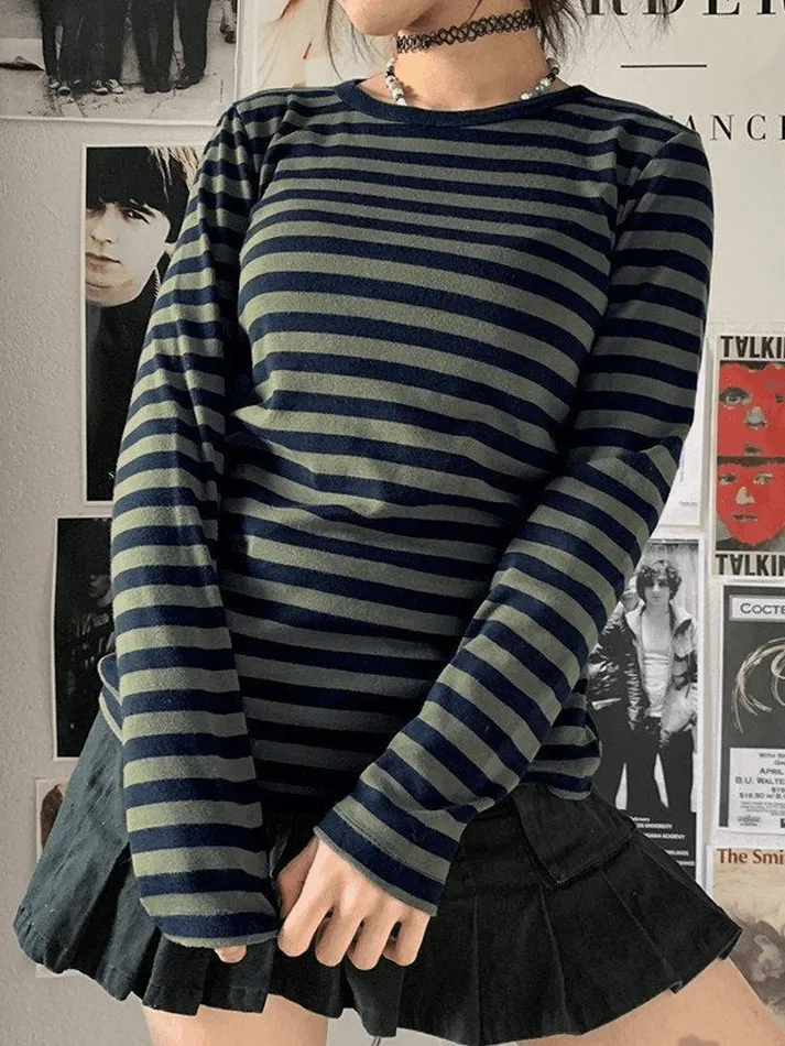 Crew Neck Striped Long Sleeve Tee