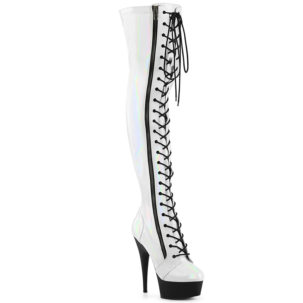 DELIGHT-3029 White Holo Patent Sexy Thigh High Boots