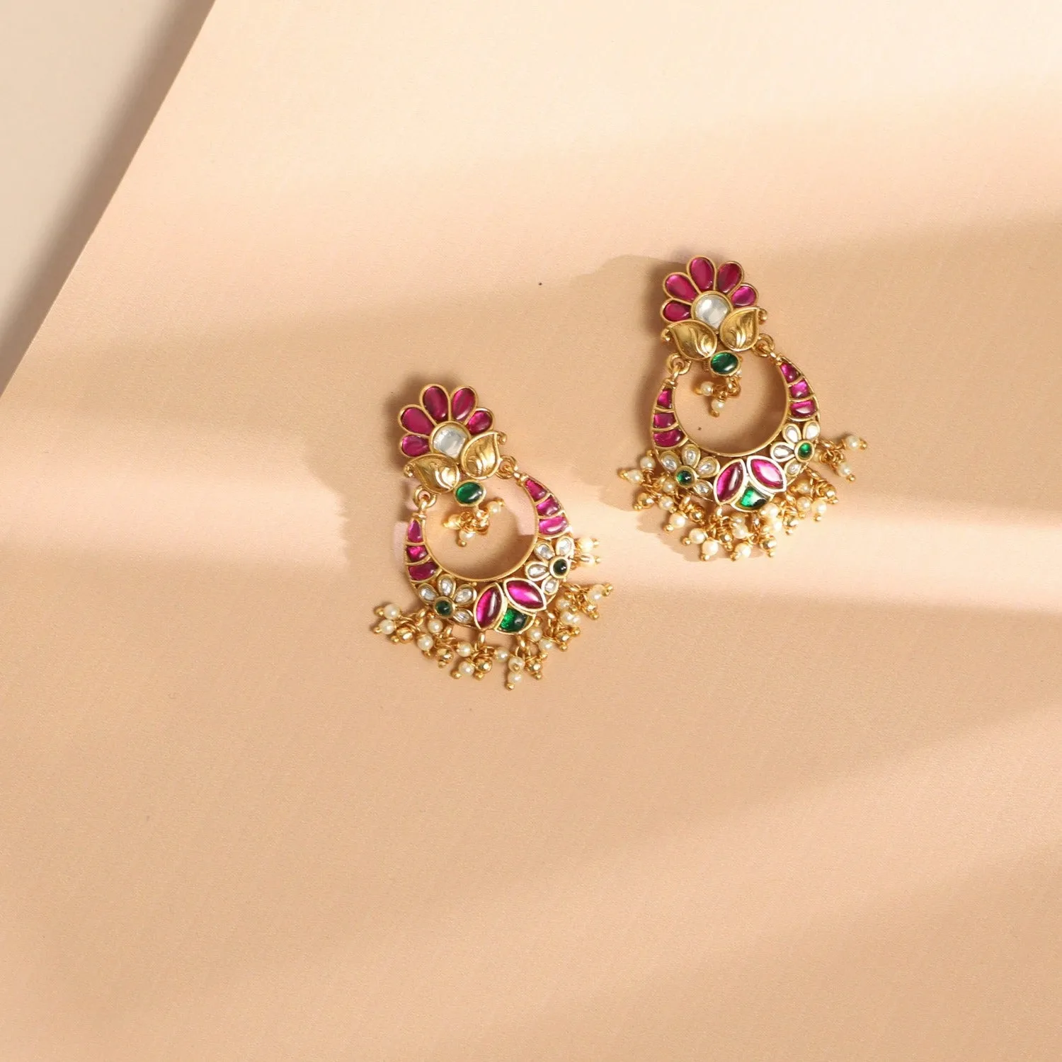 Gulab Kempu Jadau Silver Chandbali Earrings