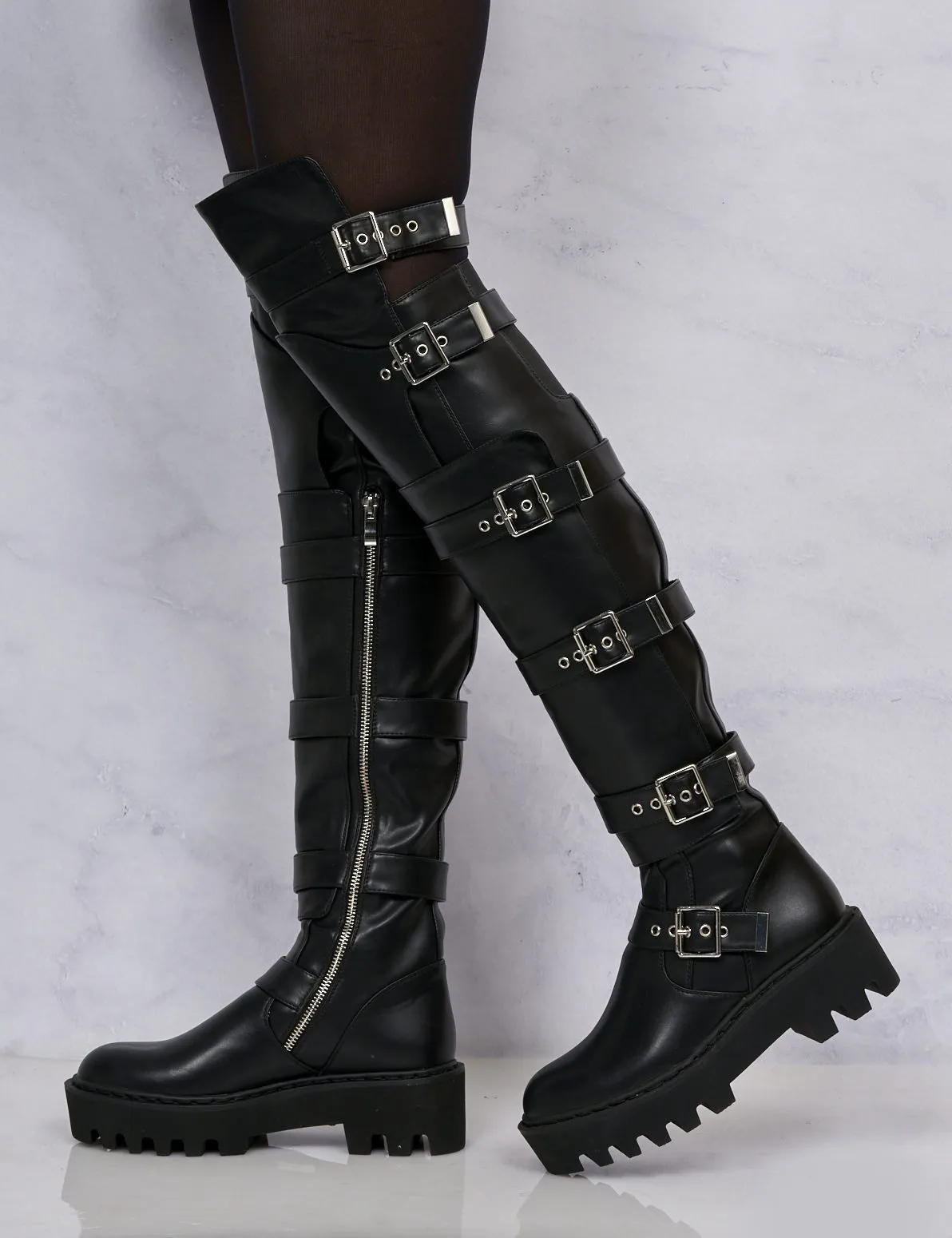 Lamoda Black High Leg Buckle Boots