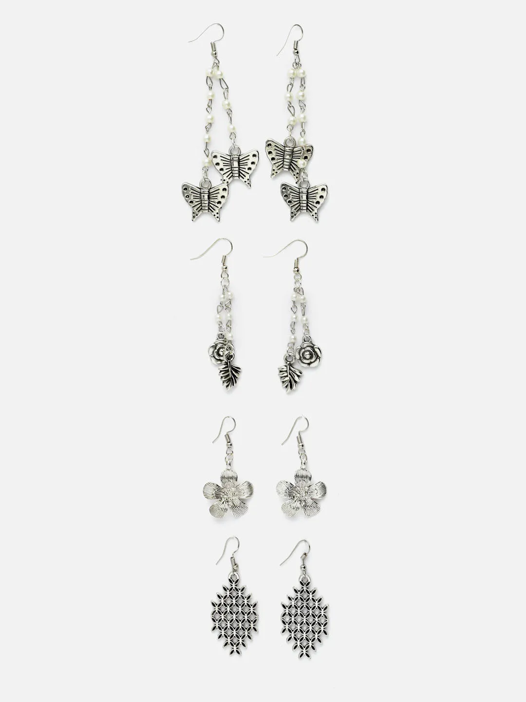 PANASH Set of 4 Oxidised Silver-Plated Floral Shaped Drop Earrings