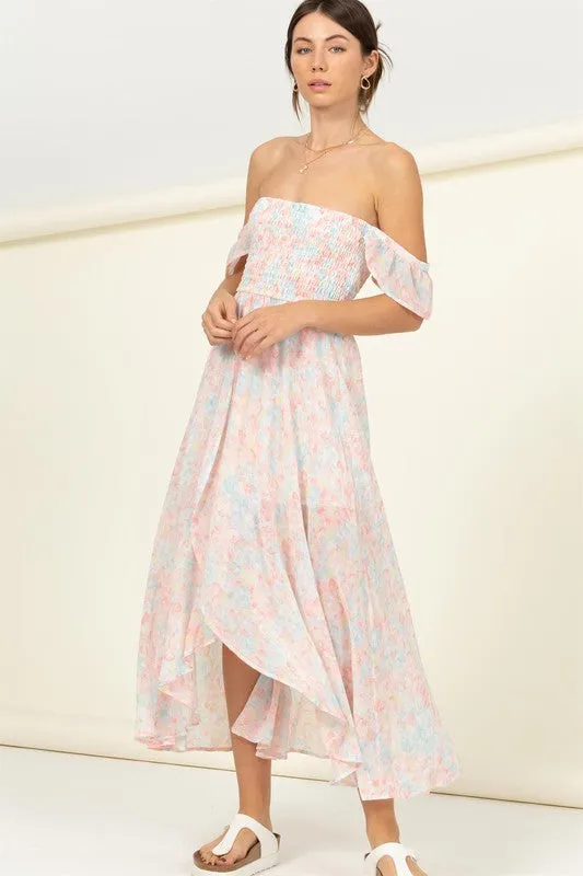 PASTEL FLORALS SMOCKED MIDI DRESS