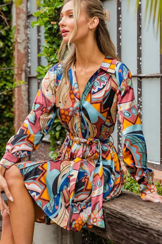 Print Tie Waist Wrap Mini Dress