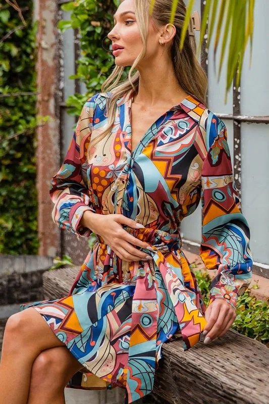 Print Tie Waist Wrap Mini Dress