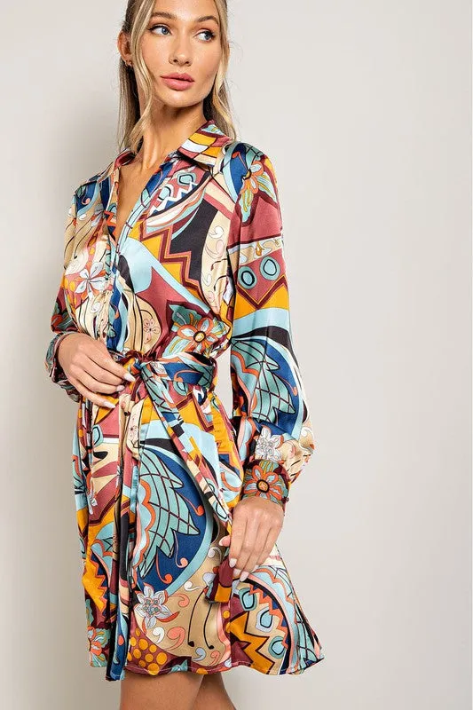 Print Tie Waist Wrap Mini Dress